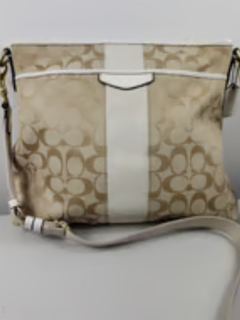 Coach Beige Signature Canvas Crossbody with Chalk Stripe